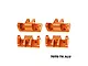 Four orange anodized aluminium lower shock mounts by GPM Racing, shown from different angles on a white background.