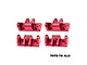Four red anodized aluminium lower shock mounts by GPM Racing, shown from different angles against a white background.