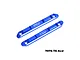 A pair of blue anodized aluminium roof guard rails for an RC car, featuring GPM Racing branding and mounting holes.
