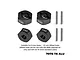 Four black GPM Racing aluminium 12mm hex wheel hubs and four metal pins on a white background.