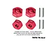 Four red anodized aluminium 12mm hex wheel hubs and four metal drive pins from GPM Racing, displayed on a white background.