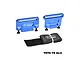 GPM Racing blue aluminium battery retainers with mounting screws and a black velcro strap on a white background.