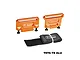 Two orange anodized aluminium battery retainers with GPM Racing branding and a black velcro strap on a white background.