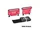 GPM Racing red anodized aluminium battery retainers with a black velcro strap on a white background.