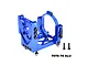 A blue anodized aluminium oversized motor mount and base by GPM Racing, featuring a circular motor clamp and multiple mounting screws.