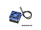 A blue GPM Racing aluminium cooling fan with a black base and attached wire connector, isolated on a white background.