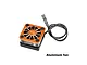 GPM Racing orange aluminium cooling fan for RC cars with black heatsink and attached wire connector.