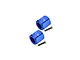 Two blue anodized aluminium RC wheel hex adapters with 12.5mm markings and two matching flat-head screws on a white background.