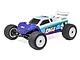 Losi Mini-T 2.0 1/18 scale RC stadium truck in blue and white livery, featuring ribbed front tires and knobby rear tires on a white background.