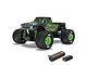 ARRMA Quake Grom 1/16 scale 4WD RC monster truck in black and green, shown with a Spektrum Smart G2 LiPo battery and charger.