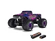 ARRMA Quake Grom 1/16 scale RC monster truck in purple and blue with a matching battery and charger on a white background.