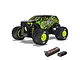 ARRMA Gorgon Grom 1/16 scale RC monster truck in yellow and black, shown with a 2S LiPo battery and charger on a white background.