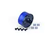 A GPM Racing blue aluminium and black steel differential case for RC cars, shown with four small screws and four square washers on a white background.