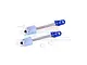 Two GPM Racing blue aluminium and steel RC shock absorber shafts with white plastic components and two small white washers on a white background.