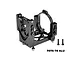 A black GPM Racing aluminium oversized motor mount and base for RC cars, shown with two small mounting screws on a white background.