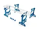 Yeah Racing 1/10 scale aluminium setup system in blue, featuring four upright stands, a clear acrylic top plate, and four small blue wheel nuts.