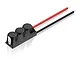 Hobbywing capacitor module with three black cylindrical capacitors and red and black wires on a white background.