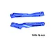 Two blue anodized aluminium RC chassis braces by GPM Racing, showing branding and 7075 material markings.