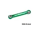 A green anodized aluminium steering link by GPM Racing, featuring silver metal ball joints at each end, set against a plain white background.