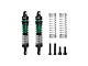 Two GPM Racing green and black aluminium RC shock absorbers with extra springs and mounting hardware on a white background.