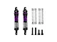 A set of two GPM Racing purple and black aluminium adjustable RC shock absorbers with extra springs and mounting screws on a white background.