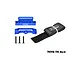 GPM Racing blue aluminium battery hold-down set with black velcro strap and three mounting screws on a white background.