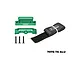 GPM Racing green aluminium battery hold-down set with black velcro strap and mounting screws on a white background.