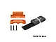 GPM Racing orange aluminium battery hold-down set with black velcro strap and three screws on a white background.