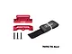 GPM Racing red aluminium battery hold-down set with black velcro strap and mounting screws on a white background.