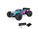 ARRMA Mini Kraton 3S BLX 4X4 RC monster truck in teal, purple, and pink, shown with a Spektrum Smart LiPo battery and charger.