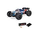 ARRMA Mini Kraton 3S BLX 4X4 RC monster truck in blue and silver, shown with a Spektrum Smart LiPo battery and charger.