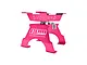A pink GPM Racing aluminium RC car and truck work stand with a rotating top plate and locking lever, isolated on a white background.