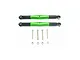 Two green aluminium RC turnbuckles with black plastic ends, accompanied by four metal screws and four metal nuts on a white background.