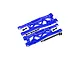 A pair of blue anodized aluminium RC front suspension arms with mounting screws on a white background.