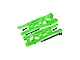 A pair of bright green anodized aluminium front suspension arms for an RC car, marked L and R, with included black screws and hardware.