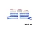 A set of blue anodized aluminium suspension linkages for RC cars, including various lengths of rods, screws, and ball ends, laid out on a white background.