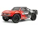 A studio shot of the Maverick MiCROBE SC RC short course truck in red and grey, featuring black wheels and off-road tires on a white background.