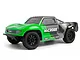 A green and grey Maverick MiCROBE SC RC short course truck viewed from a front three-quarter angle against a white background.