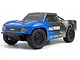 A Maverick MiCROBE SC 1/24 scale RC short course truck in blue and grey, shown from a front three-quarter angle against a white background.