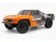 Maverick MiCROBE SC 1/24 scale RC short course truck in orange and grey livery, viewed from a front three-quarter angle on a white background.