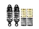 Two black GPM Racing adjustable RC shock absorbers with silver springs installed, plus two additional pairs of spare springs in gold and black.