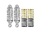 Two silver aluminium RC shock absorbers with adjustable collars, accompanied by two gold and two black replacement coil springs.