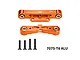Two orange anodized aluminium rear lower suspension mounts for RC cars, labeled RR and RF, with four black countersunk screws on a white background.