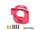 A red anodized aluminium adjustable motor mount by GPM Racing, shown with two brass bushings and four black screws on a white background.