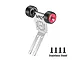 GPM Racing stainless steel wheelie bar with red aluminium wheel rims and four mounting screws.