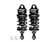 Two black GPM Racing aluminium adjustable RC shock absorbers with white plastic ball ends on a white background.