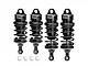 Four black GPM Racing adjustable aluminium RC shock absorbers with four white plastic pivot balls on a white background.