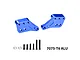 Two blue anodized aluminium GPM shock mounts with mounting screws and washers on a white background.