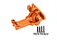 An orange anodized aluminium front upper bulkhead for an RC car by GPM Racing, shown with four black mounting screws on a white background.