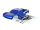 A blue Rovan 1/5 scale 5SC short course RC truck body shell with a decal sheet and body clips on a white background.